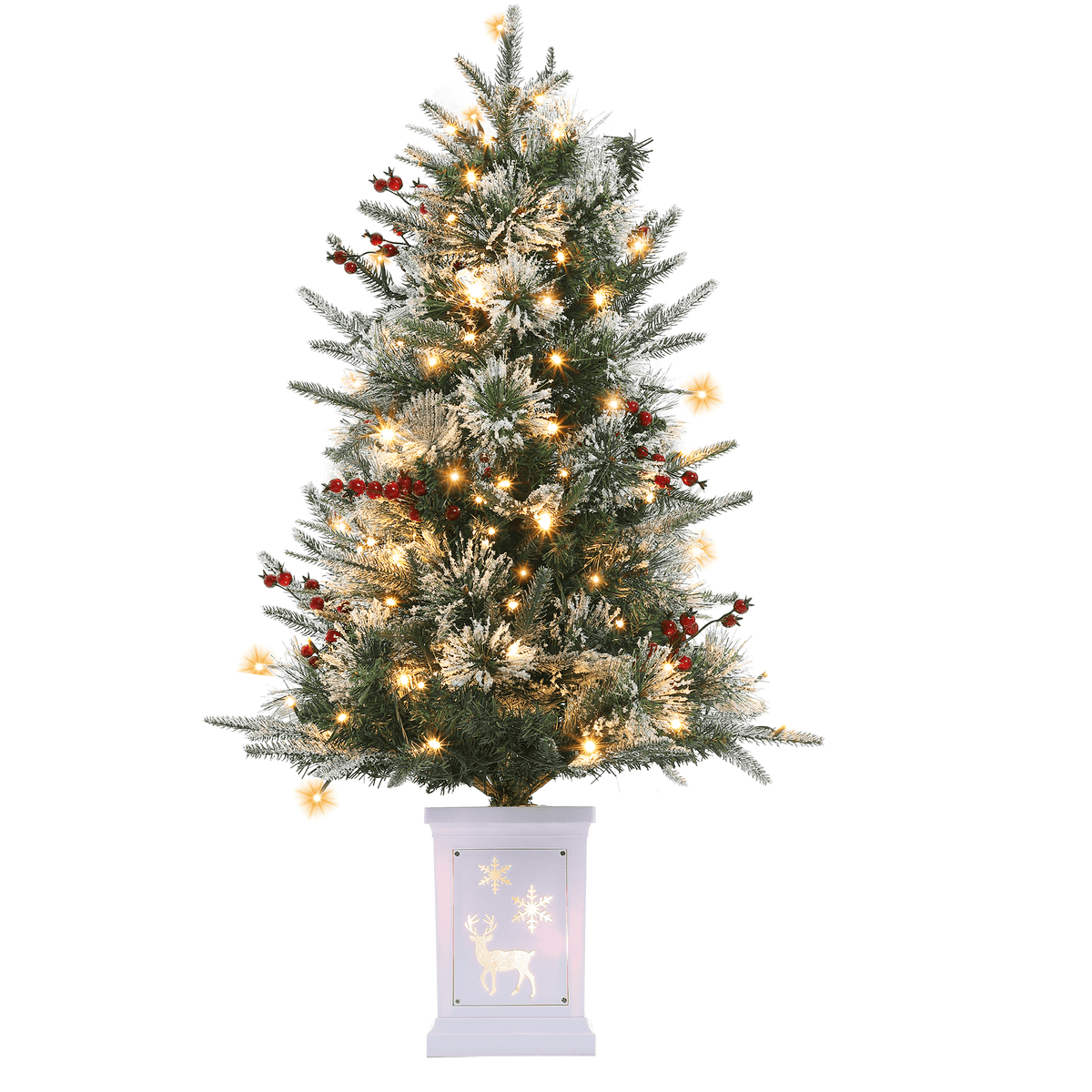 Flarhetoric 3FT Pre-Lit Snow Flocked Artificial Christmas Tree, 78 Warm White LEDs, 8 Lighting Modes, Red Berries, Easy Assembly, Tabletop Xmas Tree for Desk or Table Holiday Decor, Linen Base