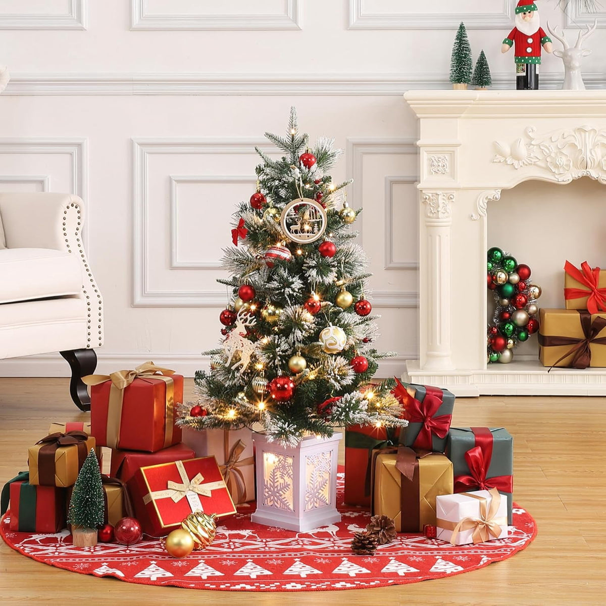Flarhetoric 3FT Pre-Lit Snow Flocked Artificial Christmas Tree, 78 Warm White LEDs, 8 Lighting Modes, Red Berries, Easy Assembly, Tabletop Xmas Tree for Desk or Table Holiday Decor, Linen Base