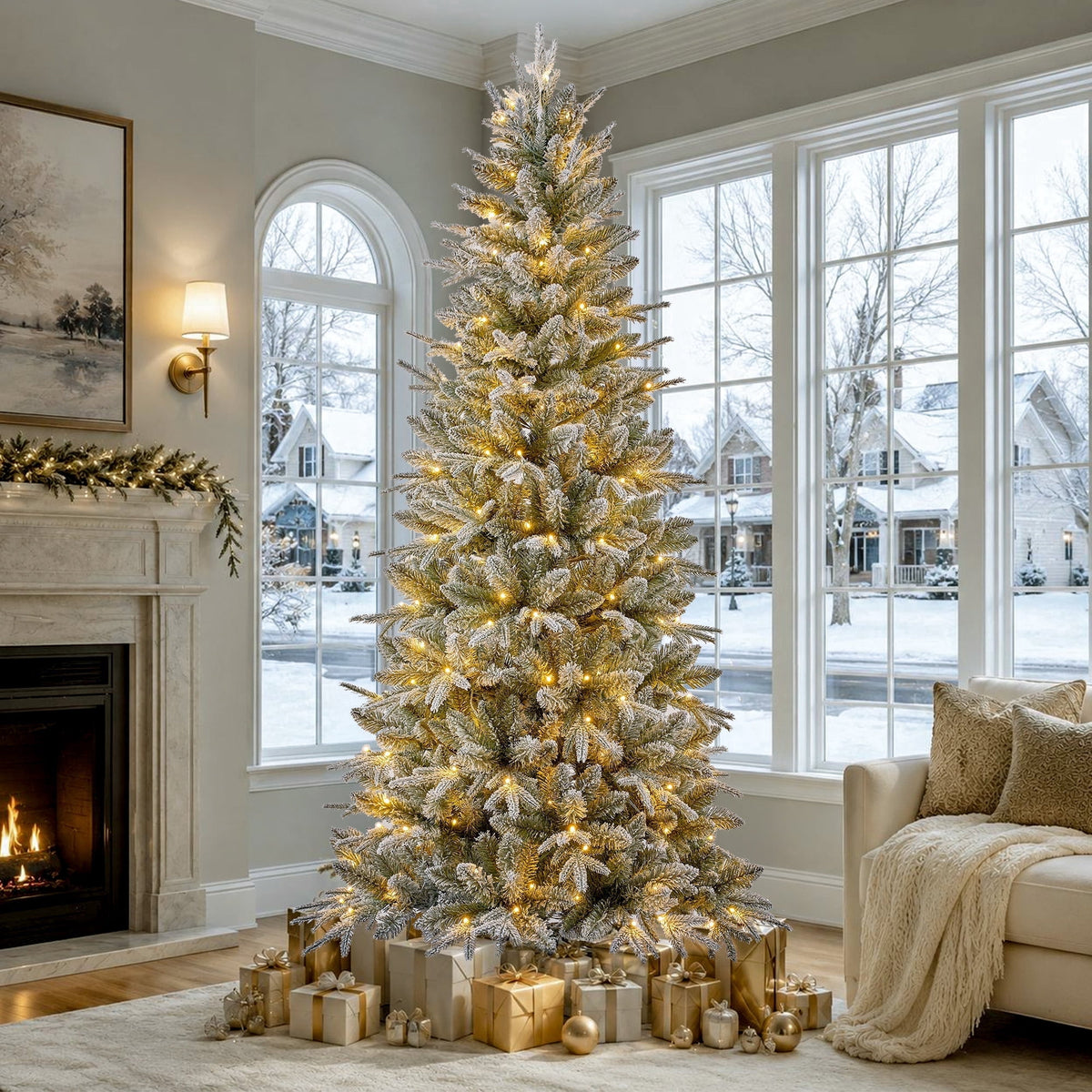 Goosiay 6 ft Pre-Lit Frosted Slim Aspen Fir Artificial Christmas Tree, PE & PVC Branches, 200 Warm White & Multicolor Lights, 10 Light Modes, 853 Branch Tips