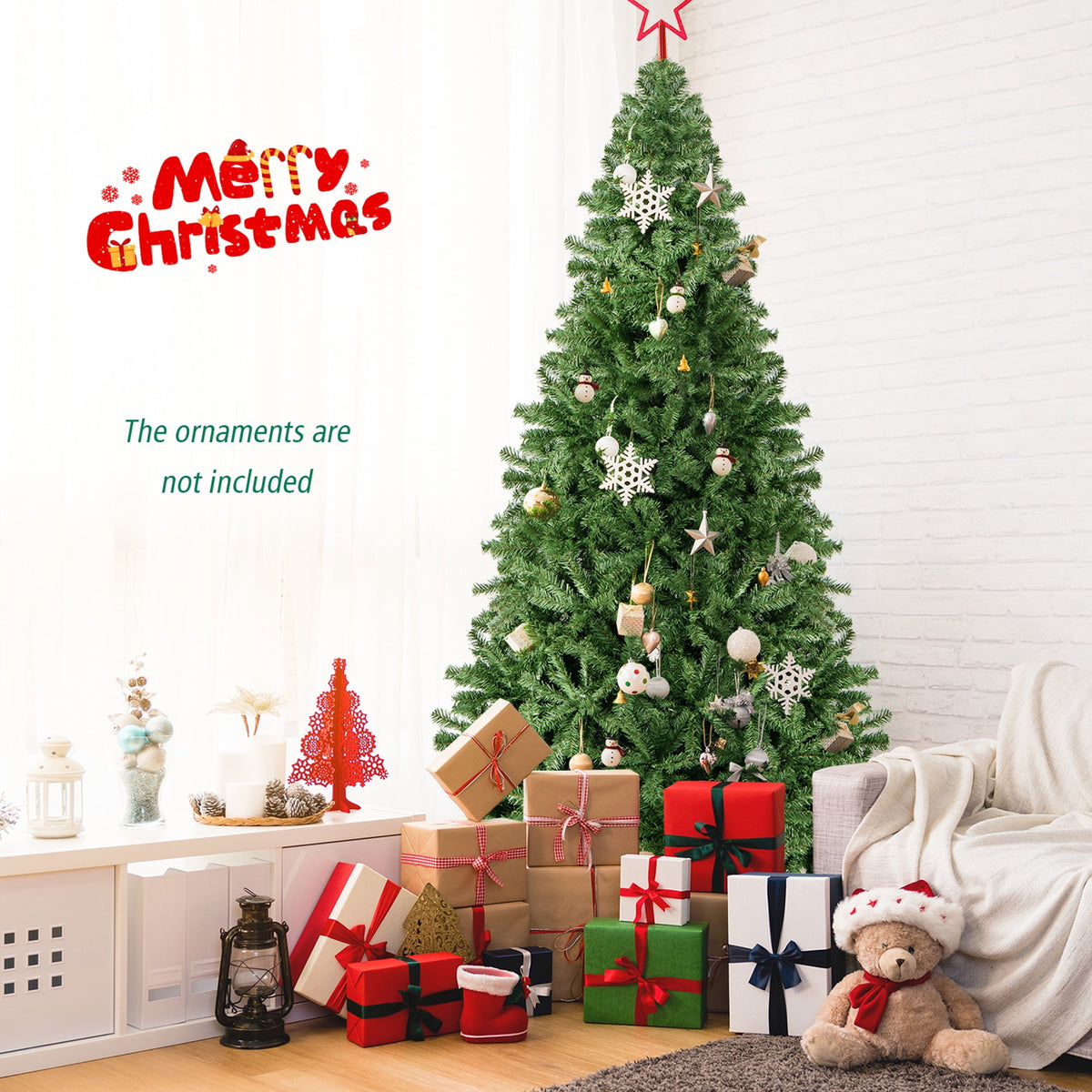Gymax 7.5 ft Unlit Artificial Christmas Tree Hinged Spruce Xmas Tree w/ Metal Stand