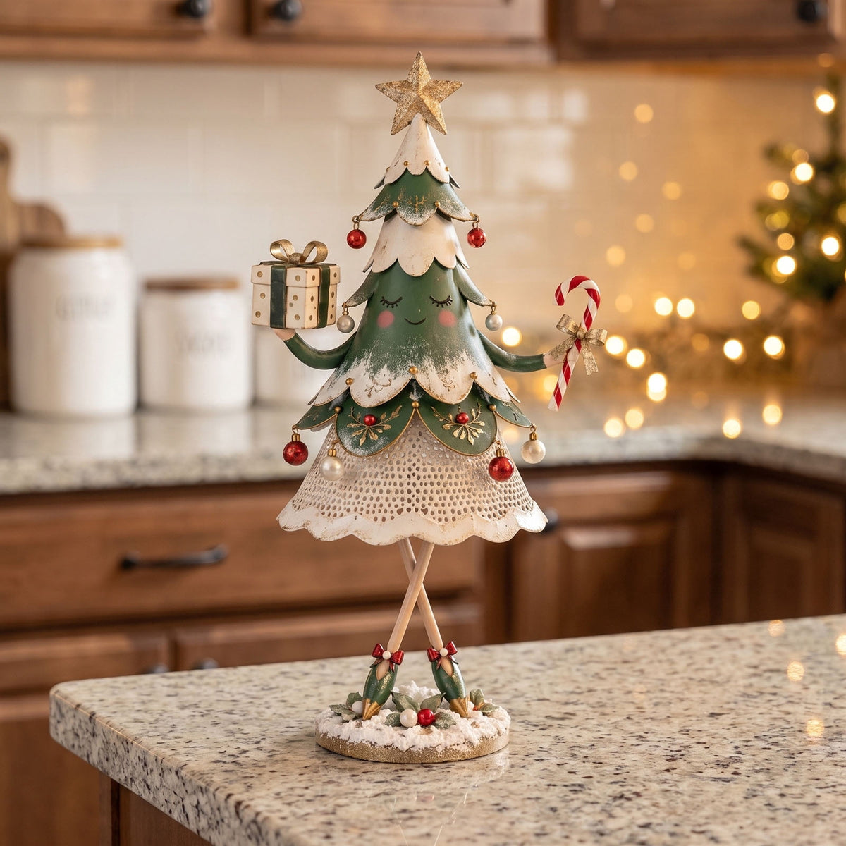 Lighted Mini Iron Art Christmas Tree 2PCS,Tabletop LED Dancing Tree Girl Statue With Star Top Tabletop Ornament For Mantel Shelf