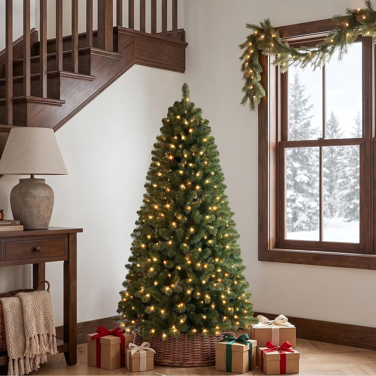Lolsea 6.5ft Prelit Artificial Classic Christmas Tree with Warm White Lights for Living Room Office Party Decoration