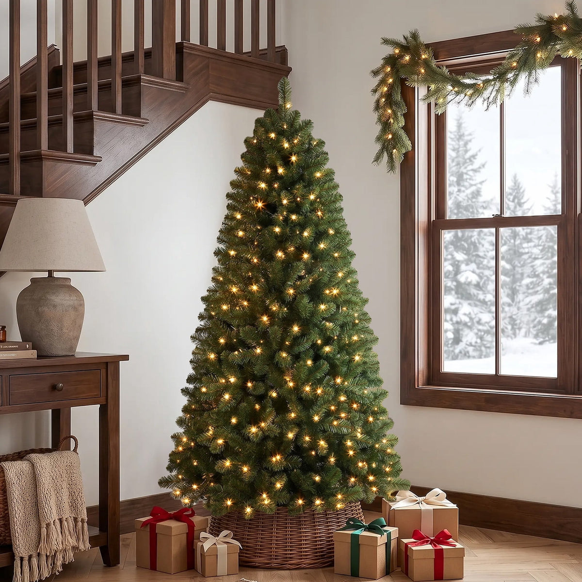 Lolsea 6.5ft Prelit Artificial Classic Christmas Tree with Warm White Lights for Living Room Office Party Decoration