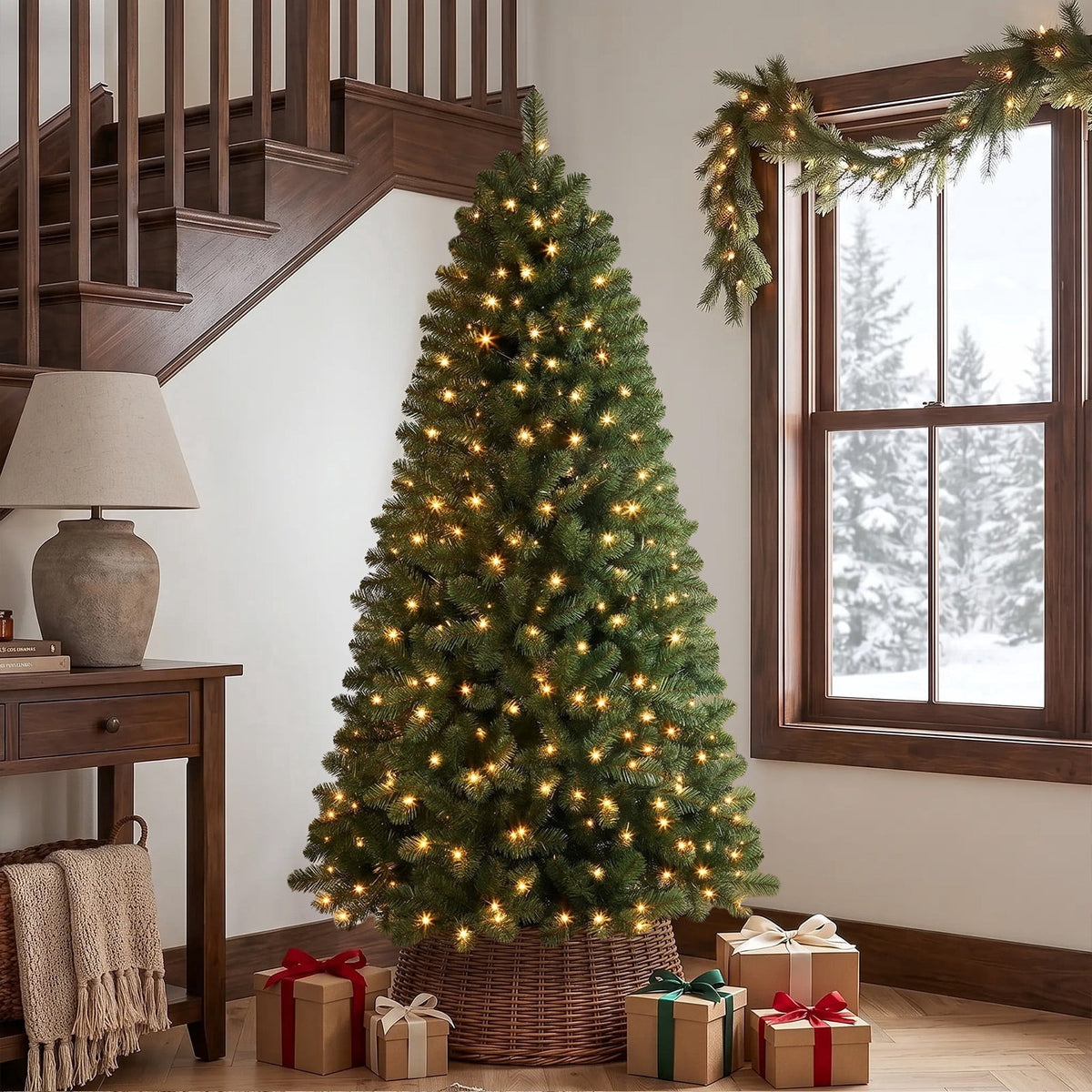 Lolsea 6.5ft Prelit Artificial Classic Christmas Tree with Warm White Lights for Living Room Office Party Decoration