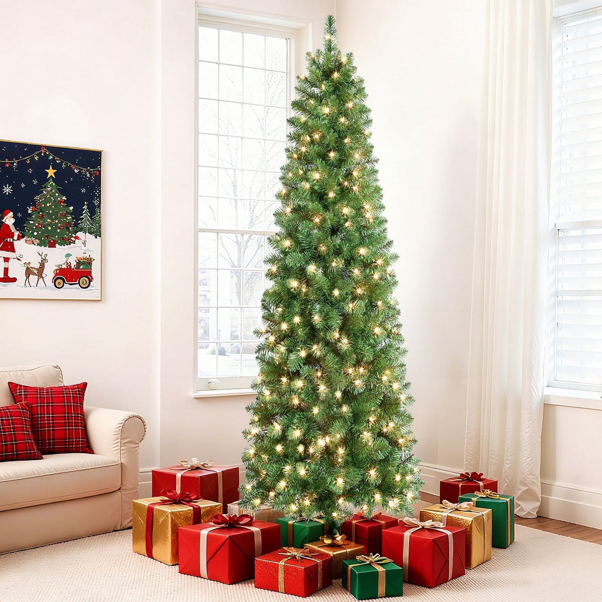 Lolsea 6.5ft Prelit Artificial Slim Pencil Christmas Tree w/ Warm White Lights, Full Branch Tips, Perfect Choice Decoration for Xmas Holiday