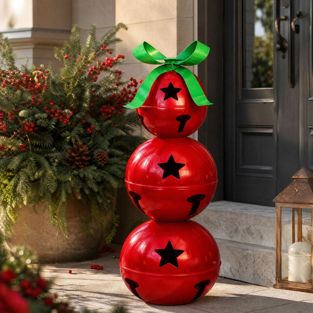Stacked Christmas Bells, 23.6 Inch 3-Tier Red Metal Bell Decoration with Star Cutouts and Green Bow, Large Christmas Porch Decor for Mantel Entryway Holiday Display