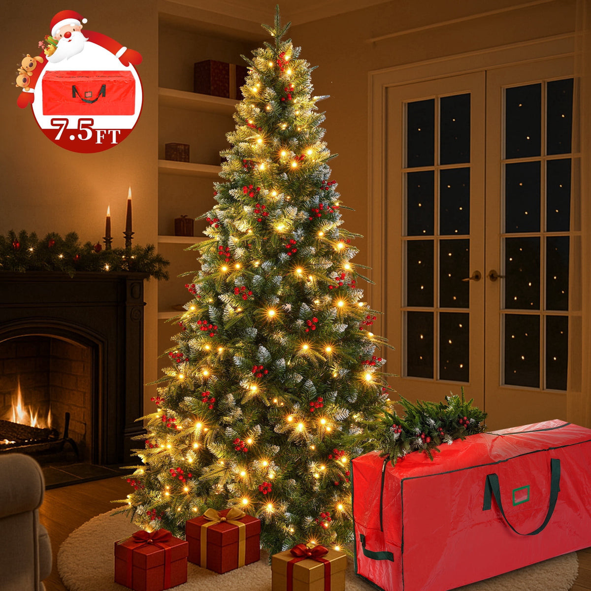 Yexmas 7.5ft Pre-Lit Artificial Christmas Trees,Green Xmas Tree with Large Christmas Tree Storage Bag, Berries, Realistic Artificial Christmas Trees for Home, Office, Party Decoration