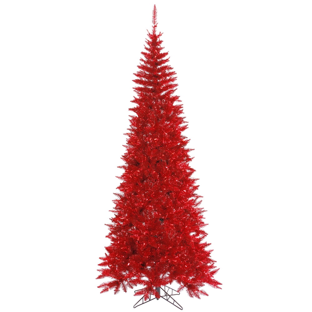 Vickerman 7.5' Tinsel Red Fir Slim Artificial Christmas Tree, Unlit - Faux Red Christmas Tree - Seasonal Indoor Home Decor