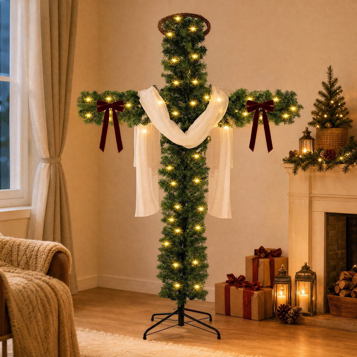YAMB Pre-Lit Cross Shaped Christmas Tree, Artificial Pine Cross Tree with Warm Light Strings, Scarf, Bows & Rattan Ring, Foldable LED Lighted Holiday Decor with Metal Stand for Indoor Home Decor