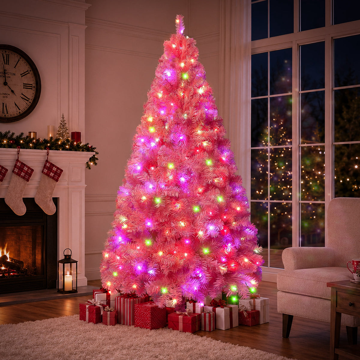 Yexmas 6ft Pre-Lit Pink Christmas Tree,Artificial Christmas Tree with 1000 PVC Branches,300 Multicolor Lights,Metal Hinges,Xmas Tree for Home,Holiday Party Decorations