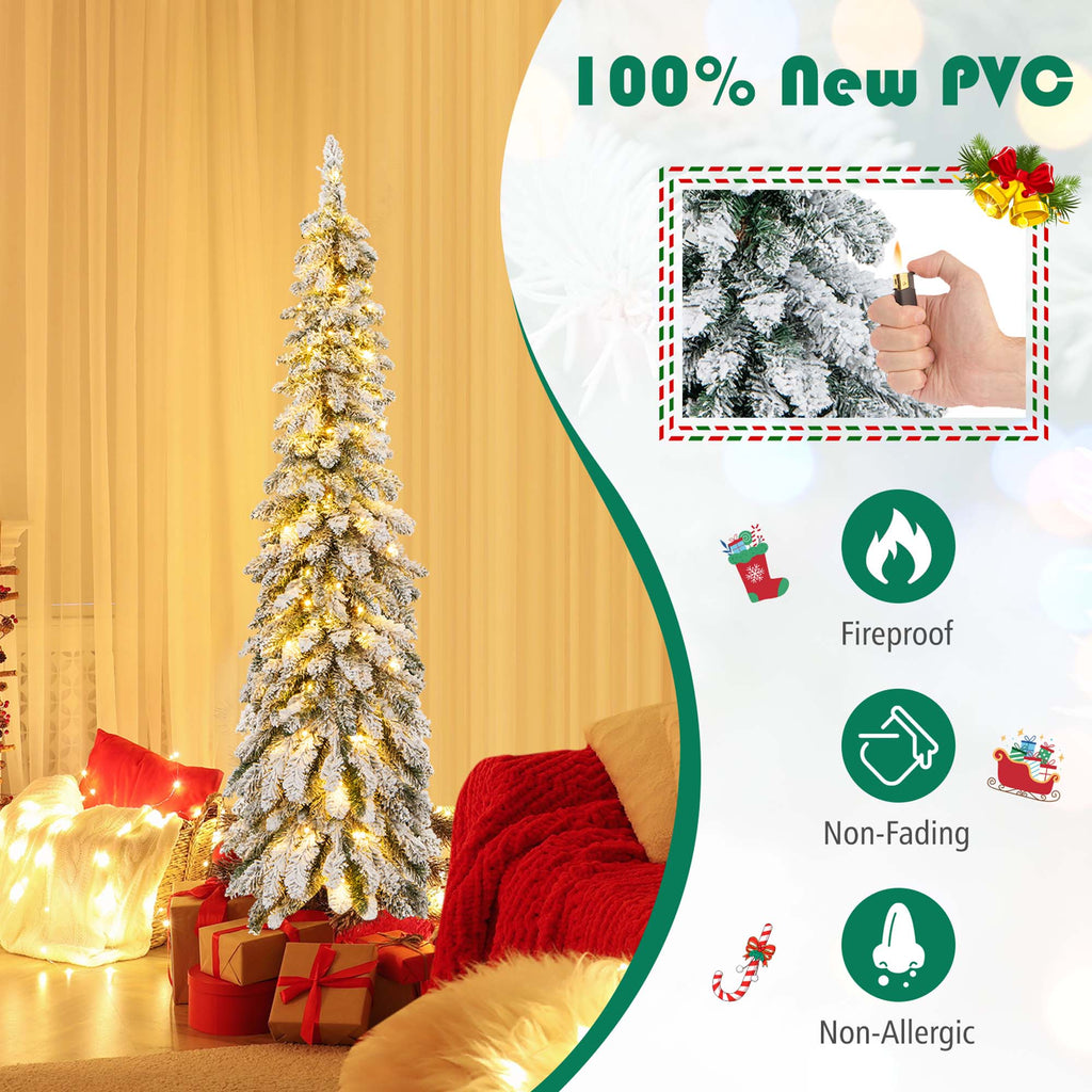 Costway 5 FT Pre-Lit Slim Christmas Tree Flocked Xmas Decoration 11 Modes 150 LED Lights