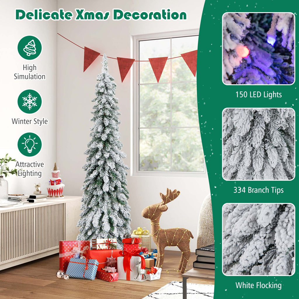 Costway 5 FT Pre-Lit Slim Christmas Tree Flocked Xmas Decoration 11 Modes 150 LED Lights