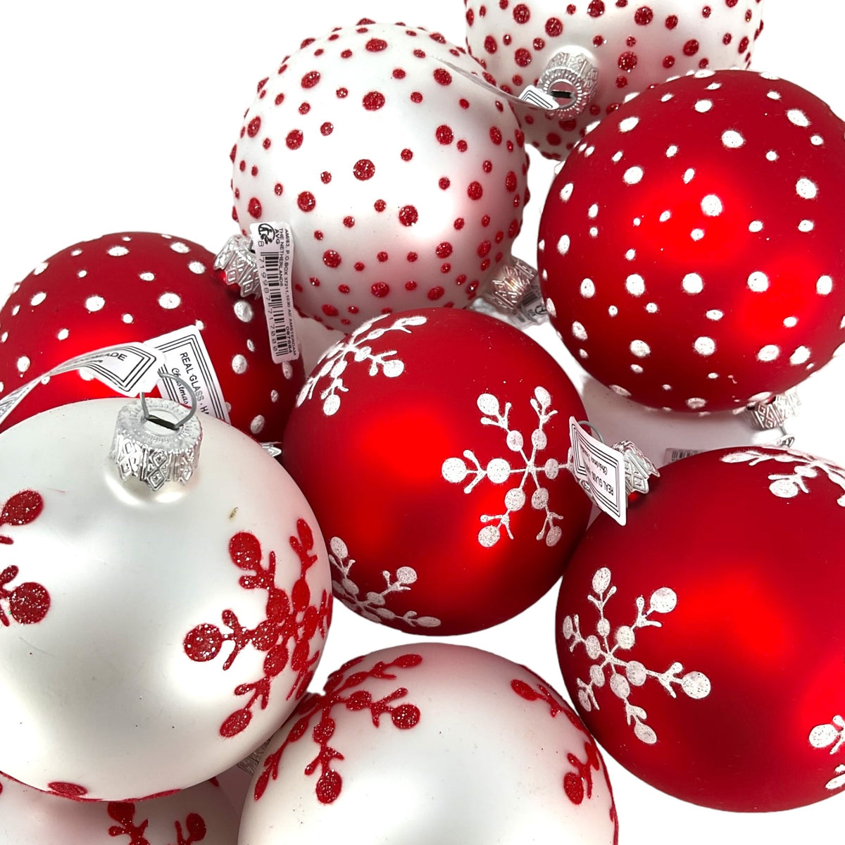 3 Inch White and Red Design Glass Christmas Ball Ornaments 12 Piece Set