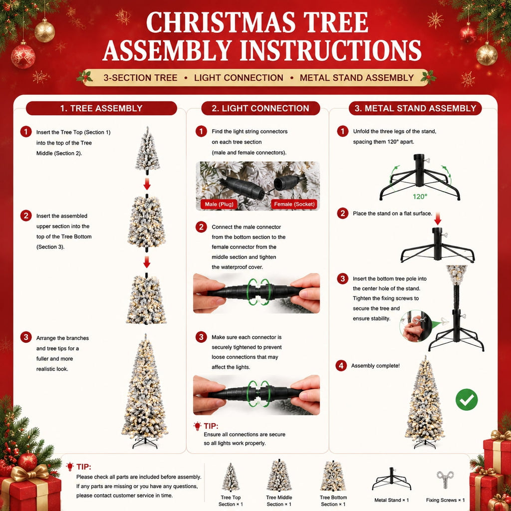 DRNEWI 6.5ft Prelit Snow Flocked Artificial Pencil Christmas Tree with Warm White Lights, Full Branch Tips, Perfect Choice Decoration for Xmas Holiday