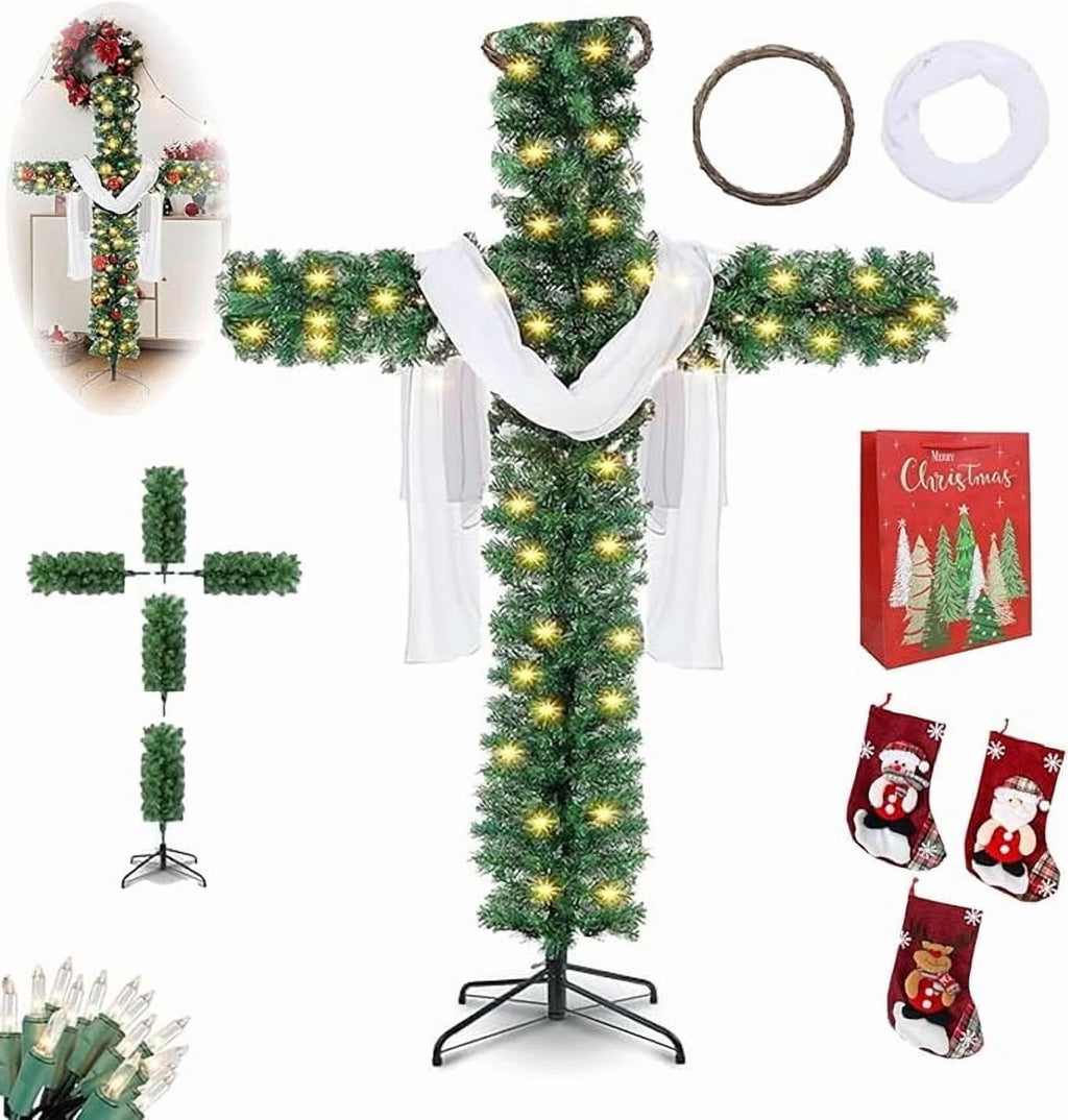 Faux Pre-Lit Cross Shaped Christmas Tree Cross, Exquisite Christmas Decorations (6FT-3 socks)