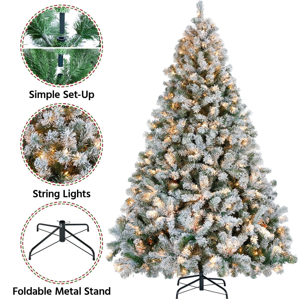 Alden Design 7.5 ft Pre-Lit Flocked Christmas Tree with Warm Lights, Frosted White