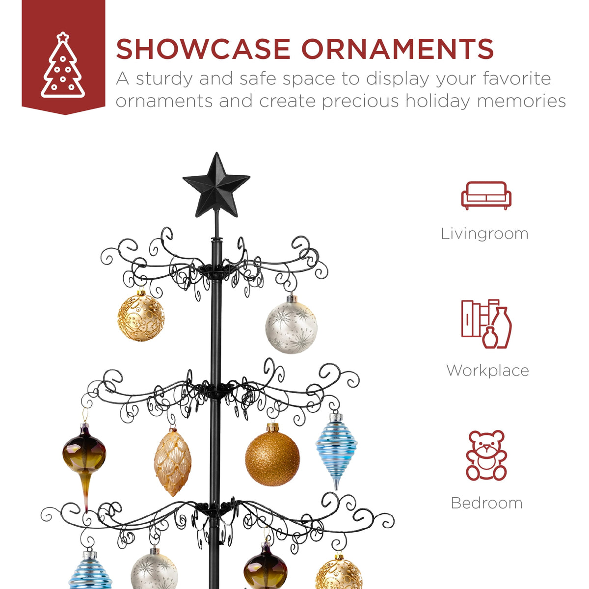 Best Choice Products 6ft Wrought Iron Ornament Display Christmas Tree w/ Easy Assembly, Stand - Black