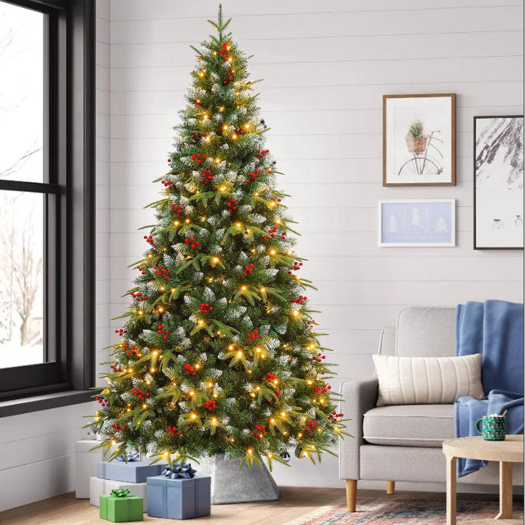 Yexmas 7.5ft Pre-Lit Artificial Christmas Trees,Green Xmas Tree with Large Christmas Tree Storage Bag, Berries, Realistic Artificial Christmas Trees for Home, Office, Party Decoration