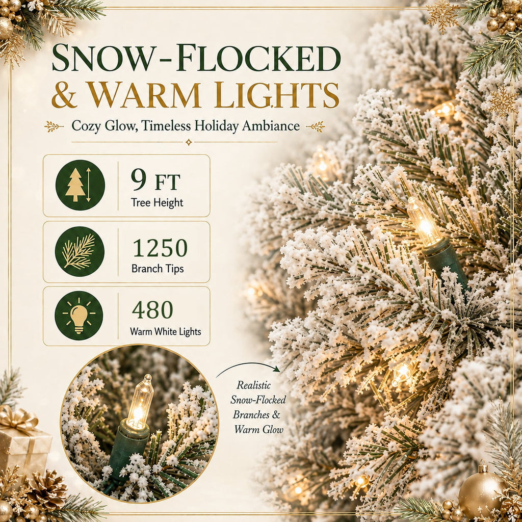 DRNEWI 6.5ft Prelit Snow Flocked Artificial Pencil Christmas Tree with Warm White Lights, Full Branch Tips, Perfect Choice Decoration for Xmas Holiday