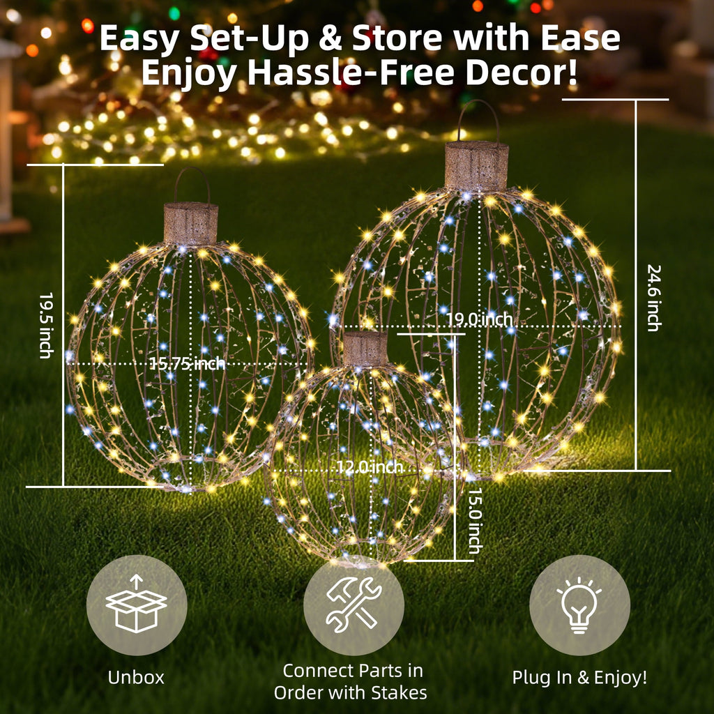 Starfree 24-inch Light Balls Lighted Christmas Yard Decor 3-Piece Christmas Hanging Ornaments LED Twinkling Tree Lights for Patio & Lawn