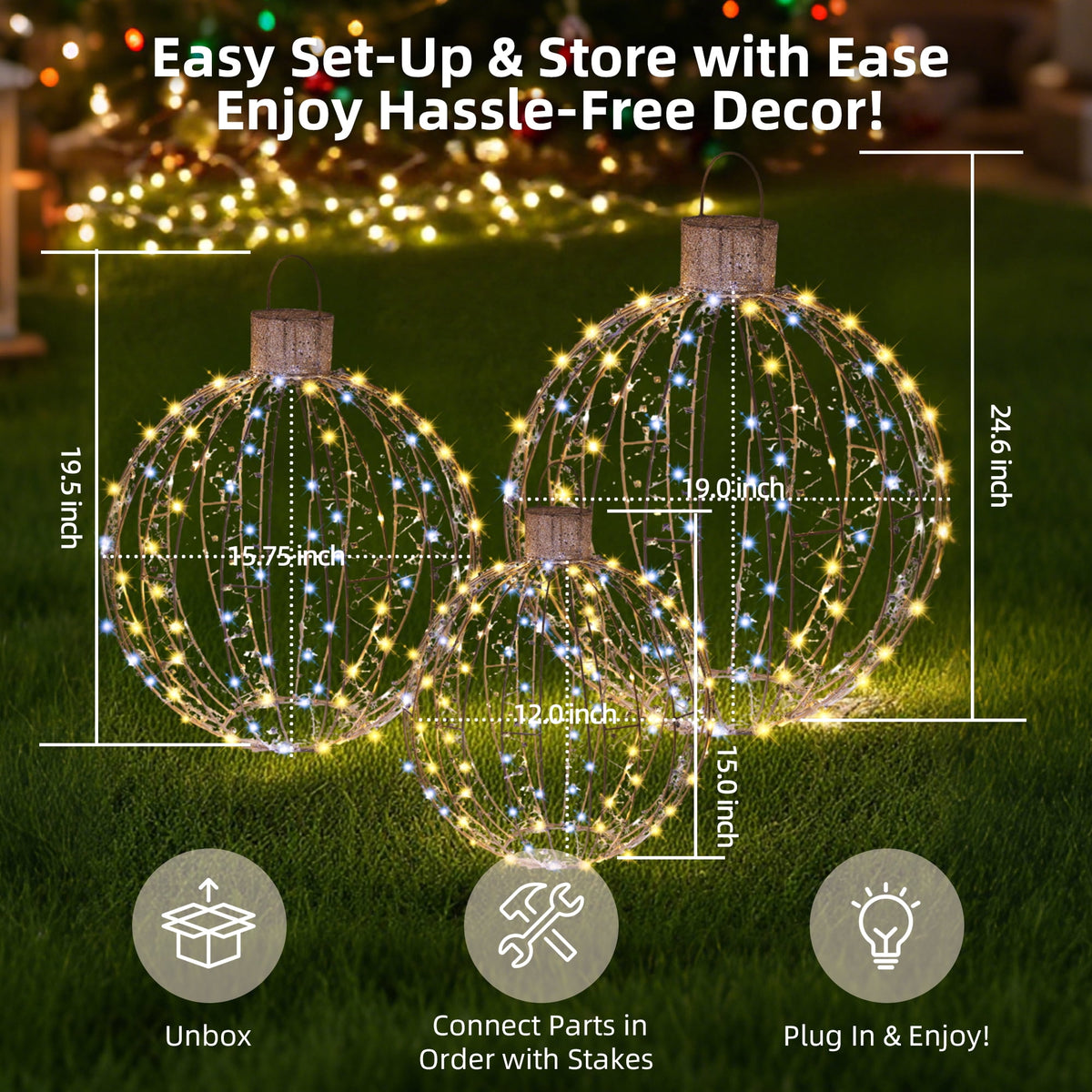 Starfree 24-inch Light Balls Lighted Christmas Yard Decor 3-Piece Christmas Hanging Ornaments LED Twinkling Tree Lights for Patio & Lawn