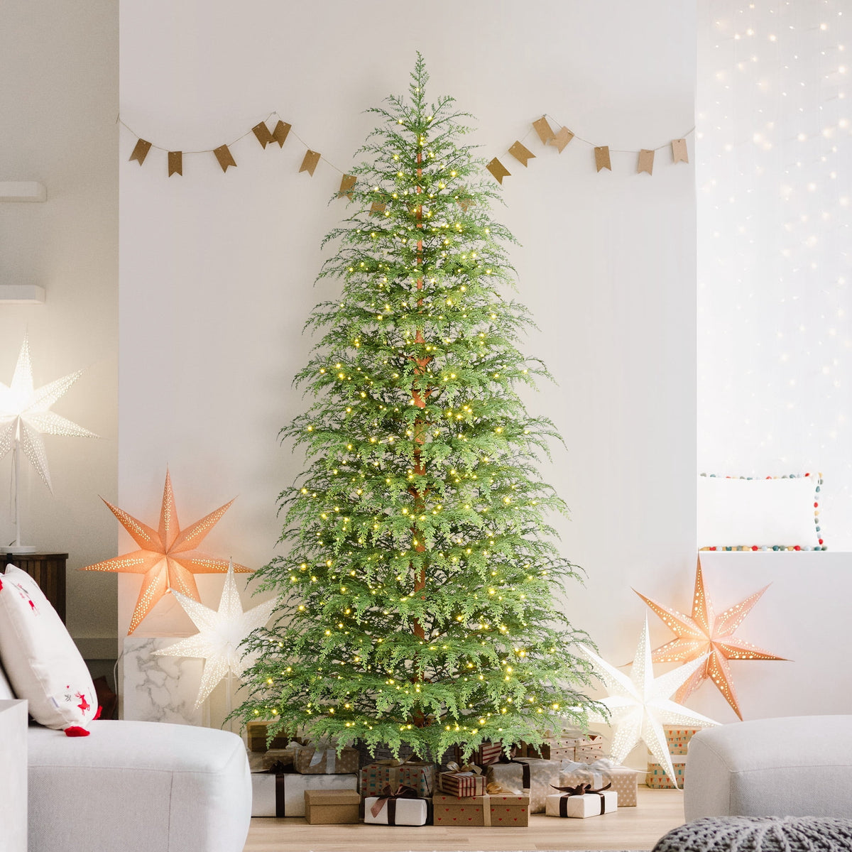 My Texas House 7.5' Pre-Lit Cypress Green Artificial Christmas Tree with 500 Warm White Twinkle LED Lights and Stand