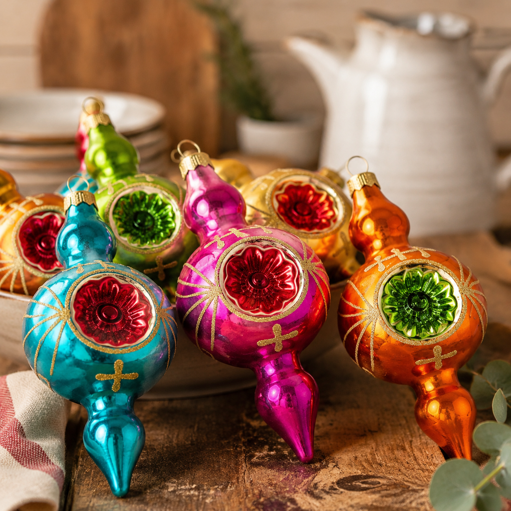 Multi Color Retro 8-Piece Vintage Glass Christmas Ornament Set