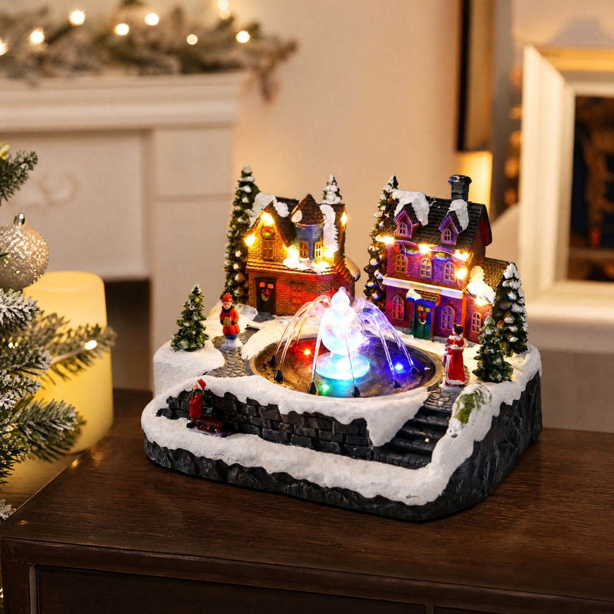 Rysoverian Christmas Lighted Fountain Music Box, Rotating Resin Ornament with Music and Water Spray for Tabletop Holiday Decor