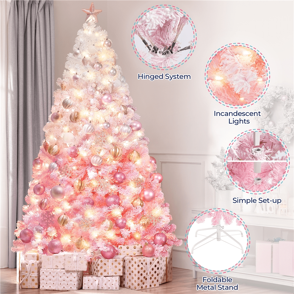 Alden Design 7.5 ft Pre-Lit Flocked Christmas Tree with Warm Lights, Frosted White