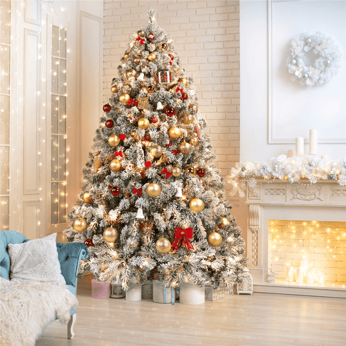 Alden Design 7.5 ft Pre-Lit Flocked Christmas Tree with Warm Lights, Frosted White