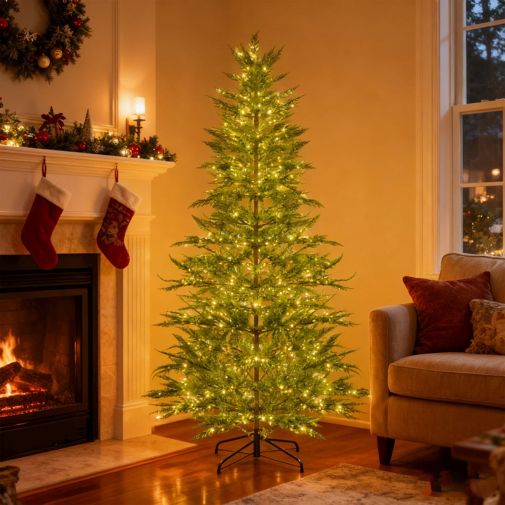 Christmas Decorations Tree, Pre-Lit Green Cypress Artificial Christmas Tree with 100 Warm White LED Lights, Fire Retardant, Easy Setup with Metal Stand, Ideal for Home, Office or Party Decor, 4FT