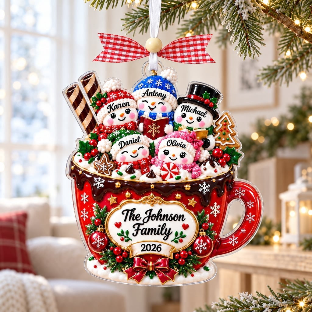 Family Ornament, Personalized Marshmallow Hot Cocoa Mug Design for Christmas Tree Decor and Holiday Keepsake