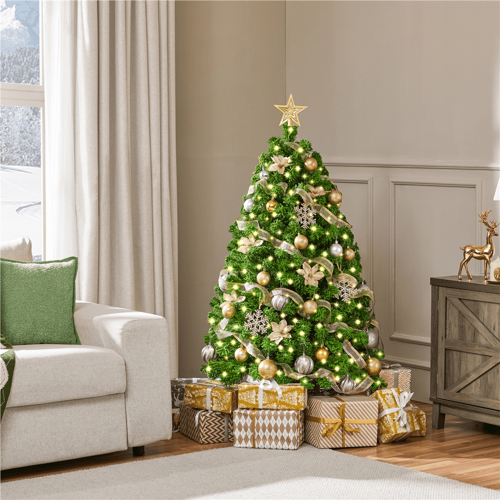 Alden Design 7.5 ft Pre-Lit Flocked Christmas Tree with Warm Lights, Frosted White