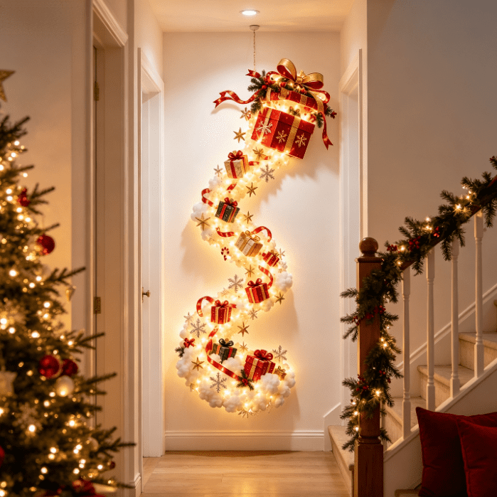 5Pcs Christmas Stair Banister Decoration Lighted Santa Snow Scene Garland for Stair Railing Indoor Holiday Home Ornament