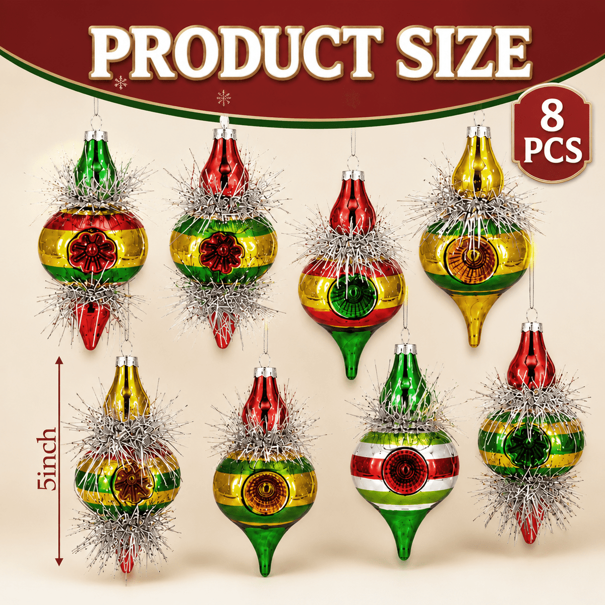 Multi Color Retro 8-Piece Vintage Glass Christmas Ornament Set