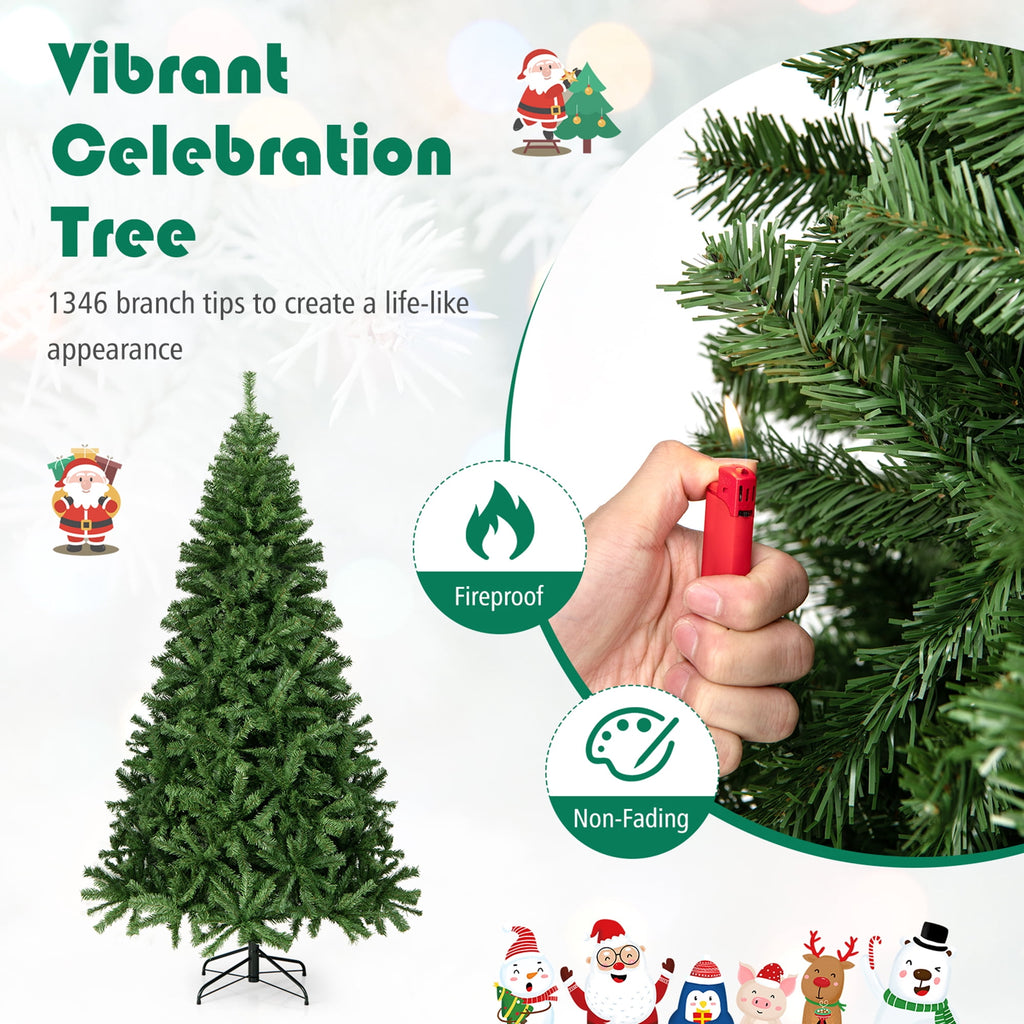 Gymax 7.5 ft Unlit Artificial Christmas Tree Hinged Spruce Xmas Tree w/ Metal Stand
