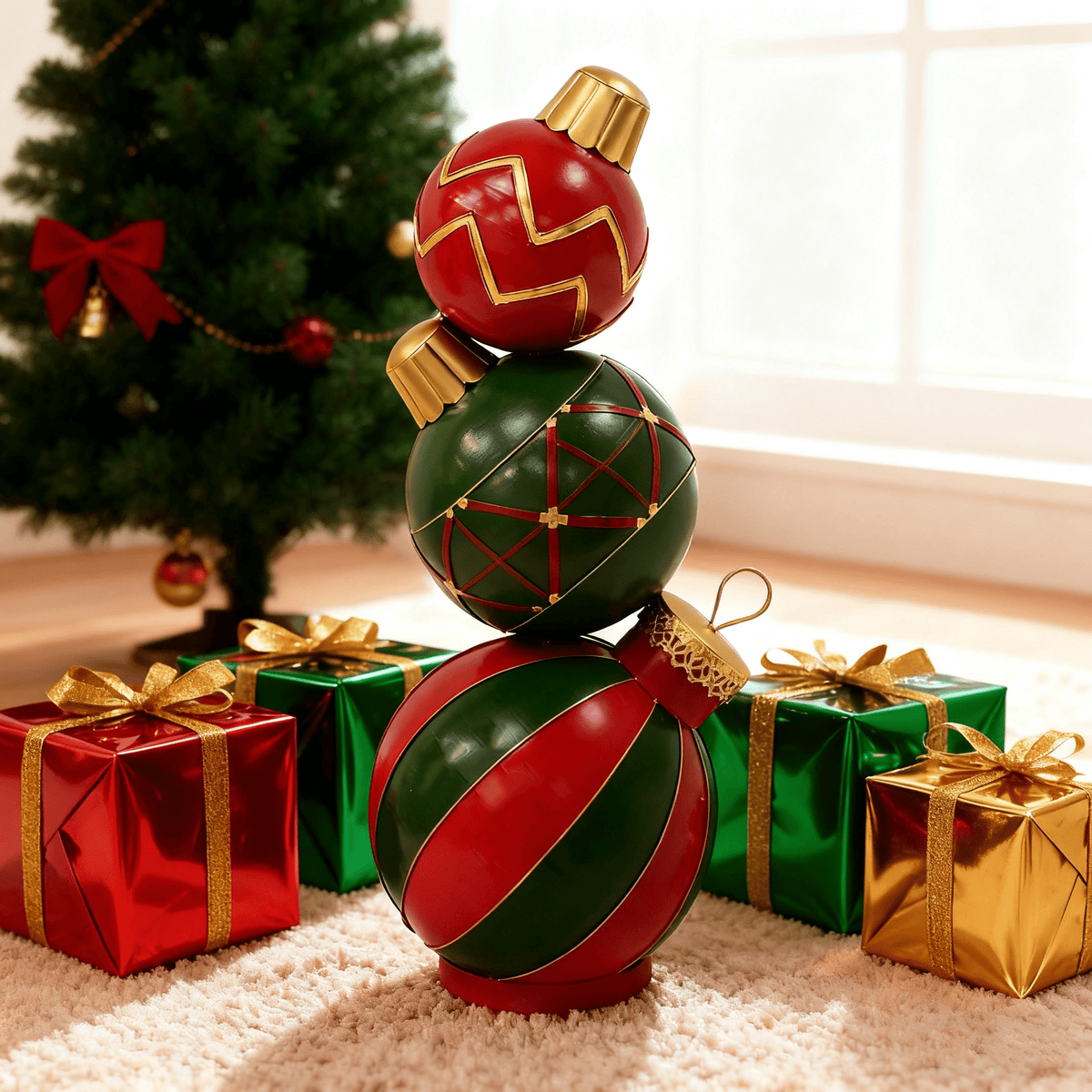 Classic Stacked Christmas Ball Decoration, Traditional Holiday Tabletop Ornament