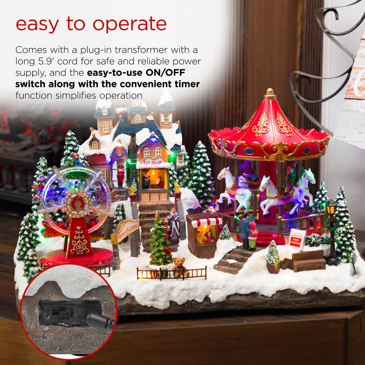 Alpine Corporation Animated Children Playing in Christmas Village Holiday Tabletop Decor with 26 Multicolor LED Lights and 5.9' Cord, 17" L x 11" W x 9" H