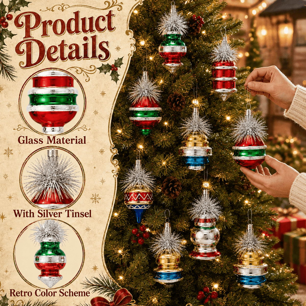 Multi Color Retro 8-Piece Vintage Glass Christmas Ornament Set