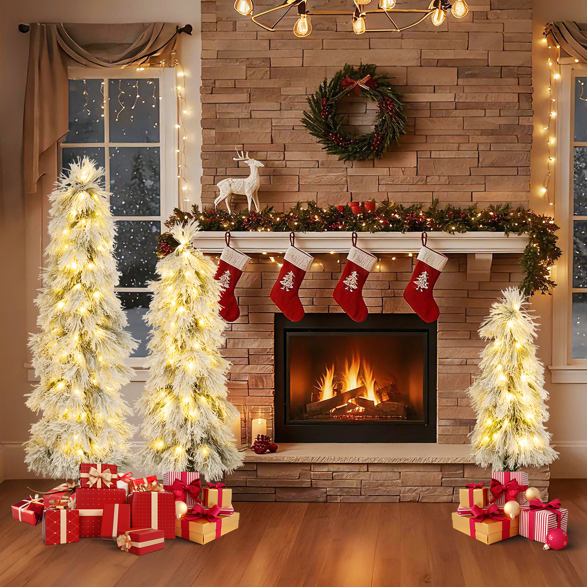 Costway 3' 4' 5' Artificial Christmas Tree Set with 30 + 50 + 70 LED Lights Holiday Decoration Tree