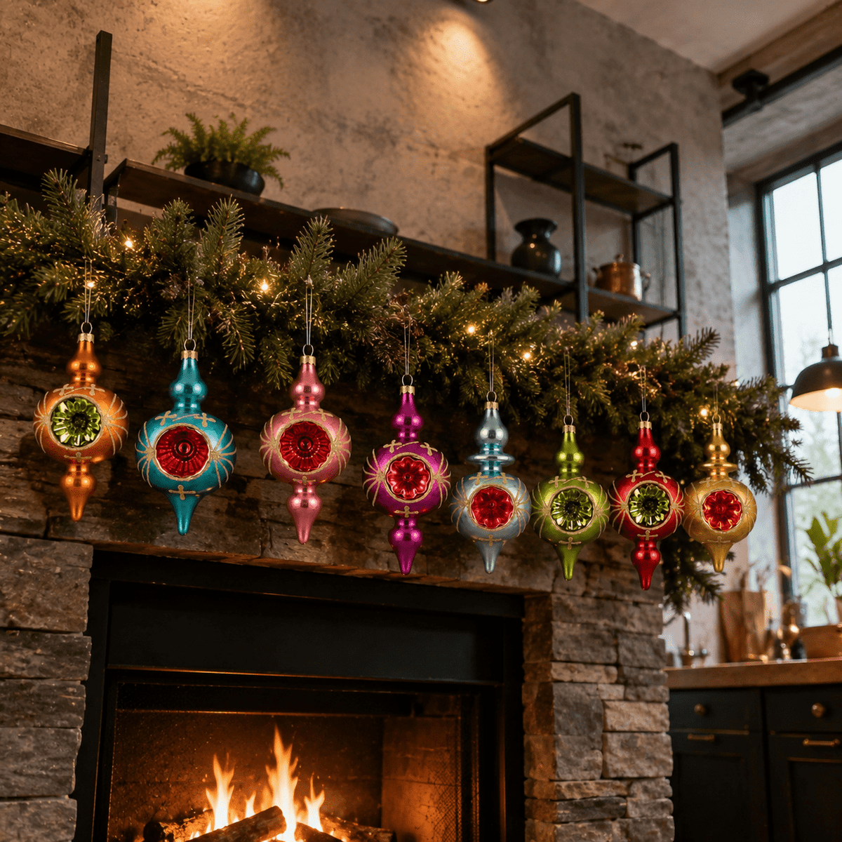 Multi Color Retro 8-Piece Vintage Glass Christmas Ornament Set