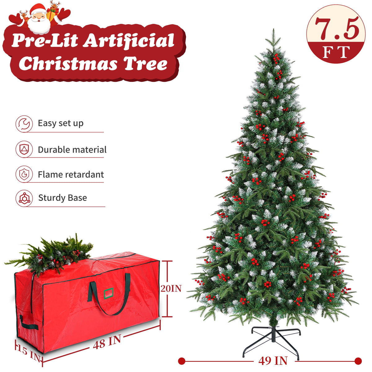 Yexmas 7.5ft Pre-Lit Artificial Christmas Trees,Green Xmas Tree with Large Christmas Tree Storage Bag, Berries, Realistic Artificial Christmas Trees for Home, Office, Party Decoration