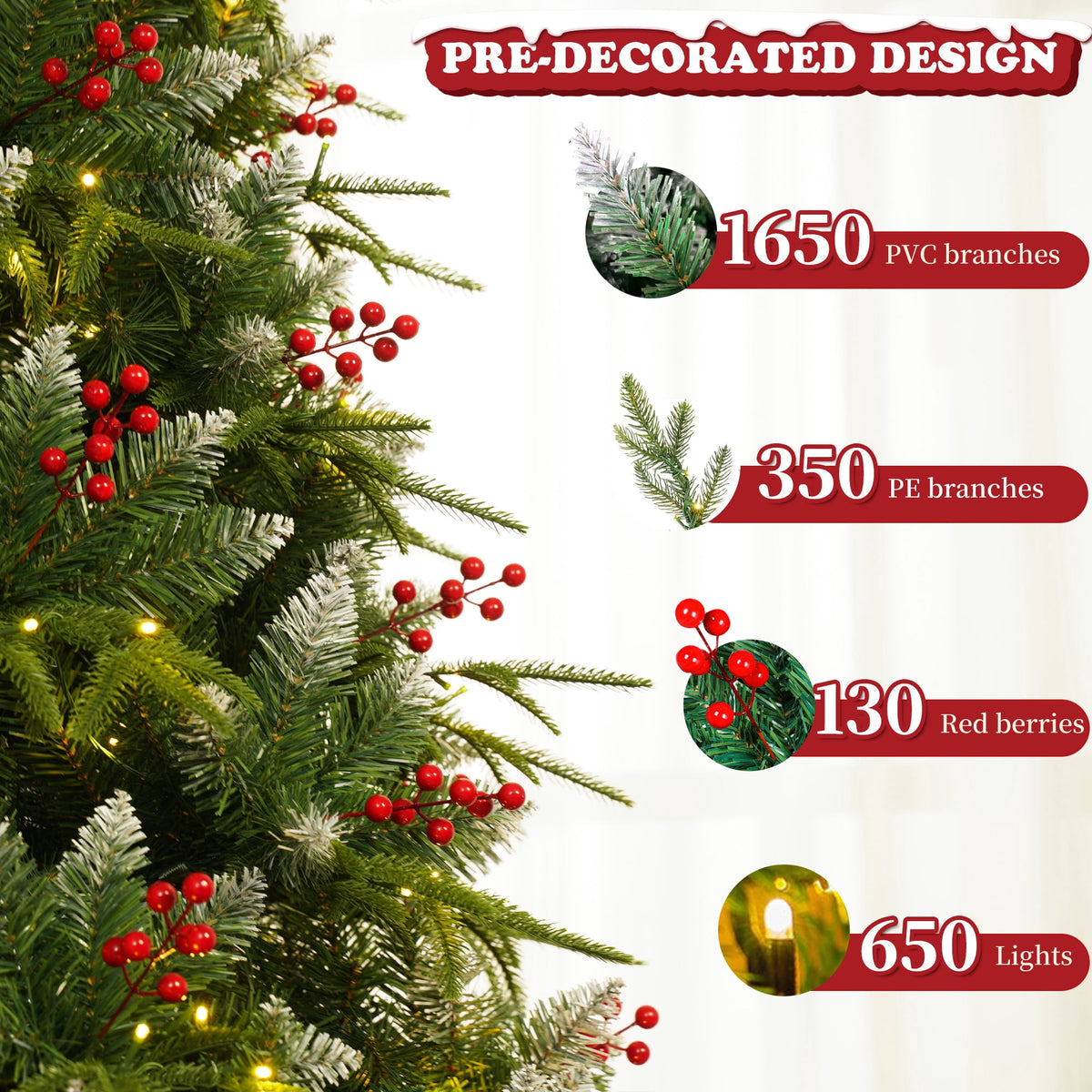Yexmas 7.5ft Pre-Lit Artificial Christmas Trees,Green Xmas Tree with Large Christmas Tree Storage Bag, Berries, Realistic Artificial Christmas Trees for Home, Office, Party Decoration