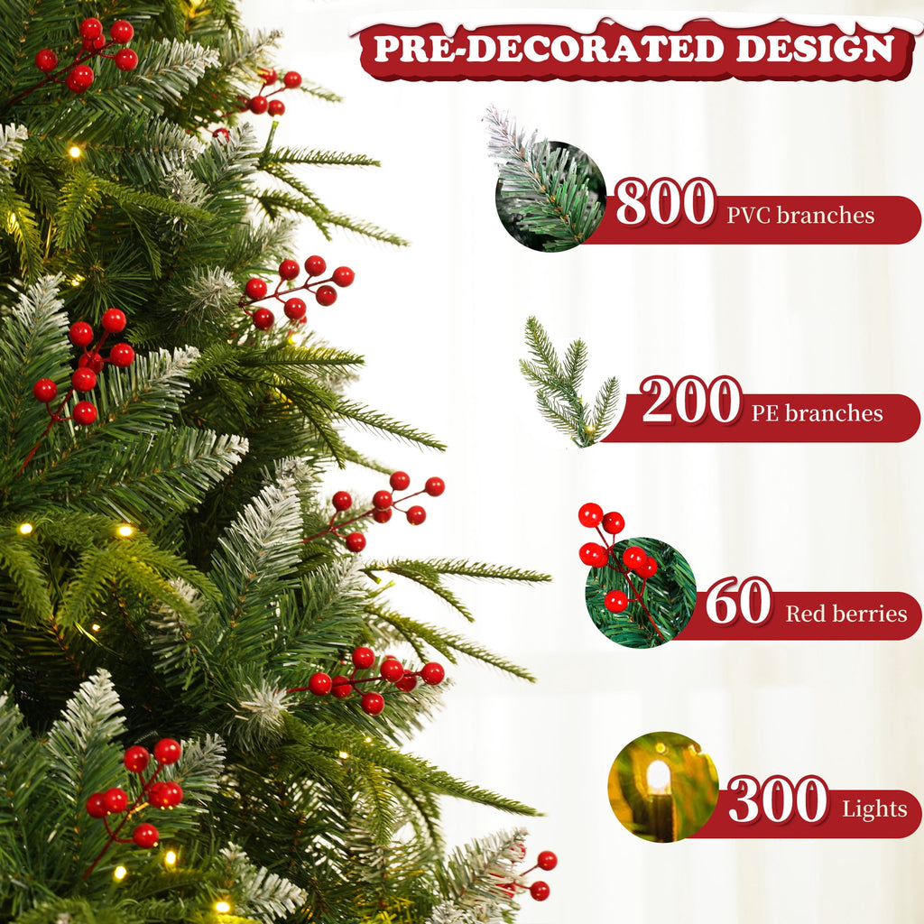 Yexmas 7.5ft Pre-Lit Artificial Christmas Trees,Green Xmas Tree with Large Christmas Tree Storage Bag, Berries, Realistic Artificial Christmas Trees for Home, Office, Party Decoration