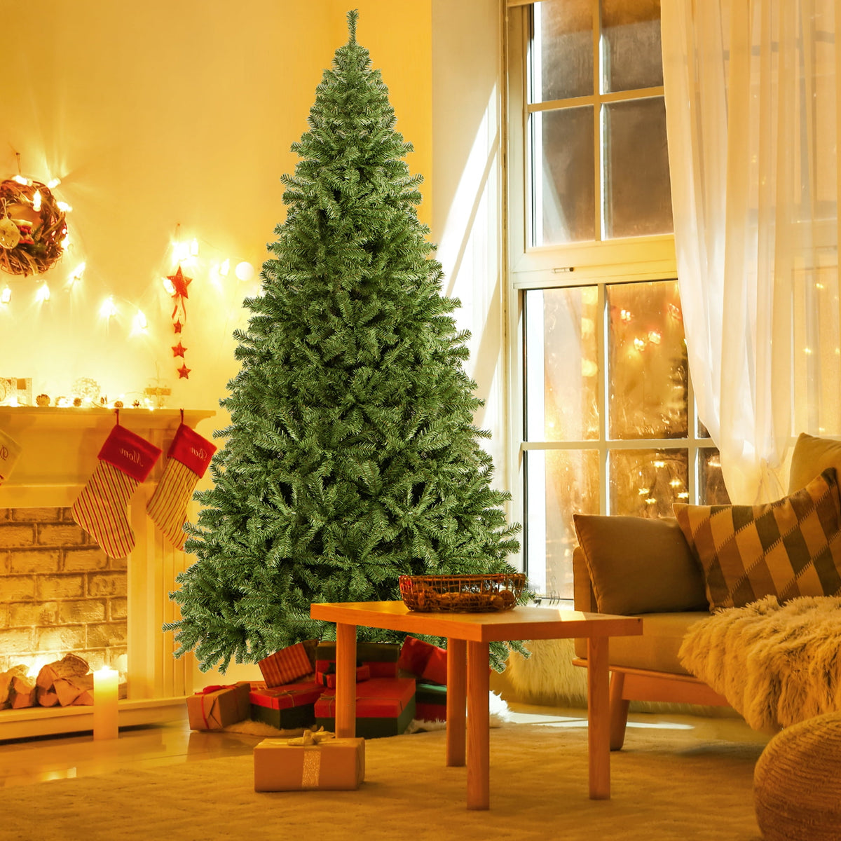 Gymax 7.5 ft Unlit Artificial Christmas Tree Hinged Spruce Xmas Tree w/ Metal Stand