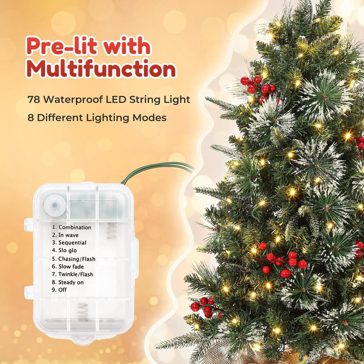 Flarhetoric 3FT Pre-Lit Snow Flocked Artificial Christmas Tree, 78 Warm White LEDs, 8 Lighting Modes, Red Berries, Easy Assembly, Tabletop Xmas Tree for Desk or Table Holiday Decor, Linen Base