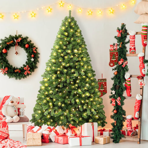 7.5ft Pre-lit Rotating Artificial Christmas Tree, 360°Spinning Base with Music, 470 Dual Color LED Lights, 8 Lighting Modes for Indoor Holiday Decoration