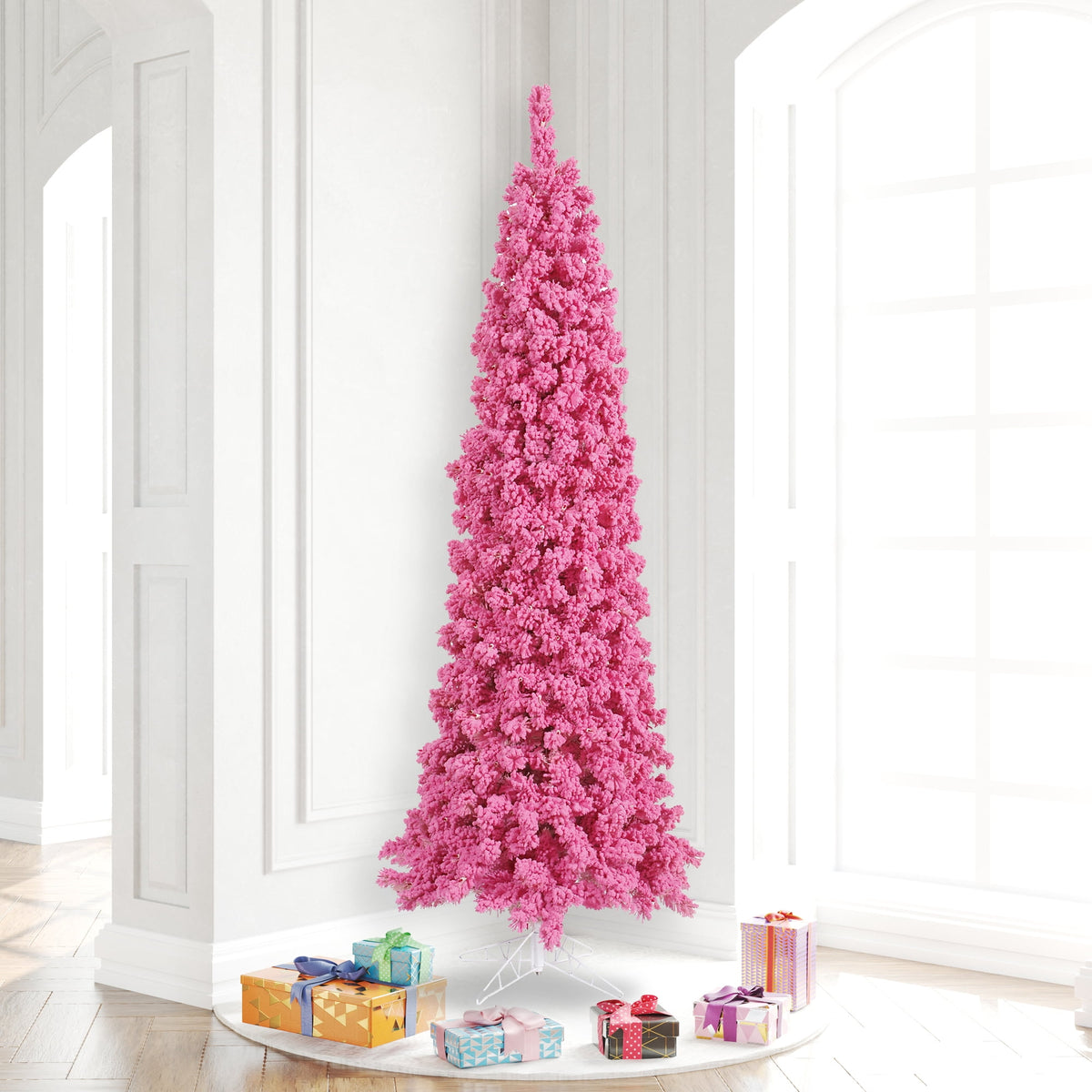 Vickerman 7.5' Unlit Flocked Pink Pencil Fir Artificial Christmas Tree