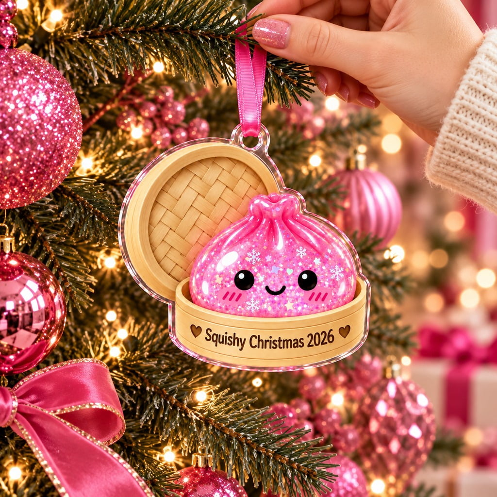 Christmas Ornament with Cute Hot Pink Squishy Dumpling, 2026 Tree Keepsake for Squishy Lovers