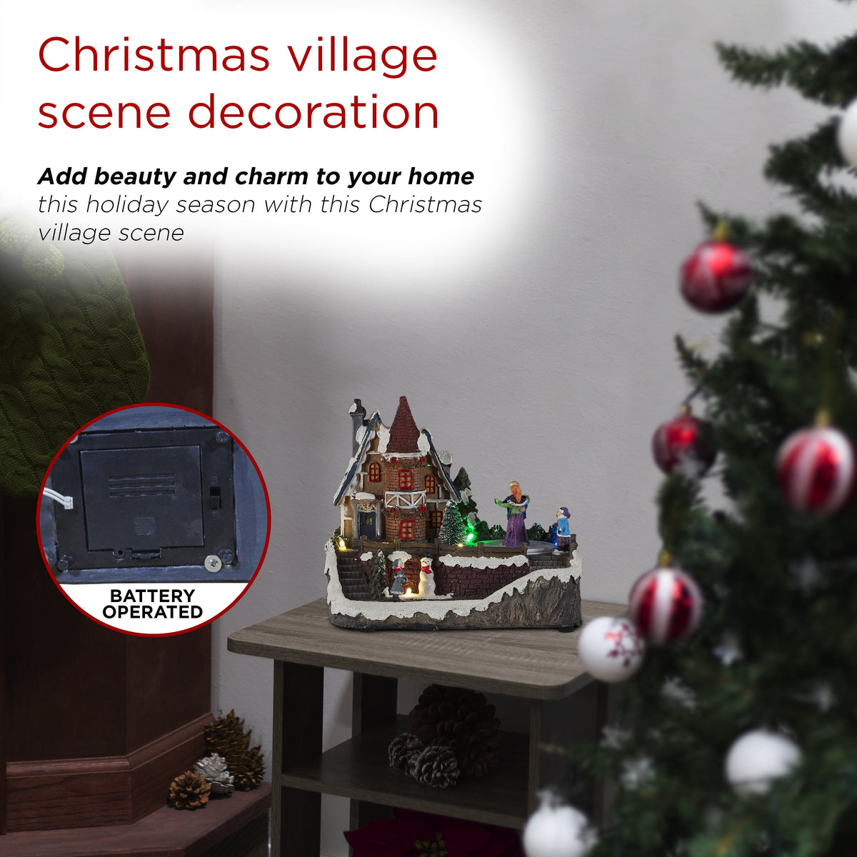 Alpine Corporation Animated Children Playing in Christmas Village Holiday Tabletop Decor with 26 Multicolor LED Lights and 5.9' Cord, 17" L x 11" W x 9" H